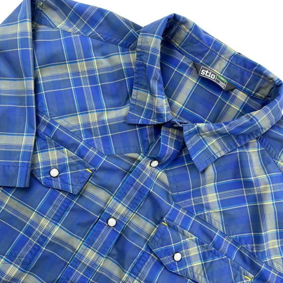 Stio Other - Stio Mens Eddy Short Sleeve Shirt Blue Plaid Pearl Snap Western 200141 Large